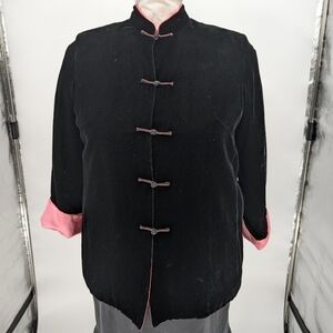 Vintage Asian Inspired, Black Velvet Jacket, Barbie Pink Satin Lining NWOT